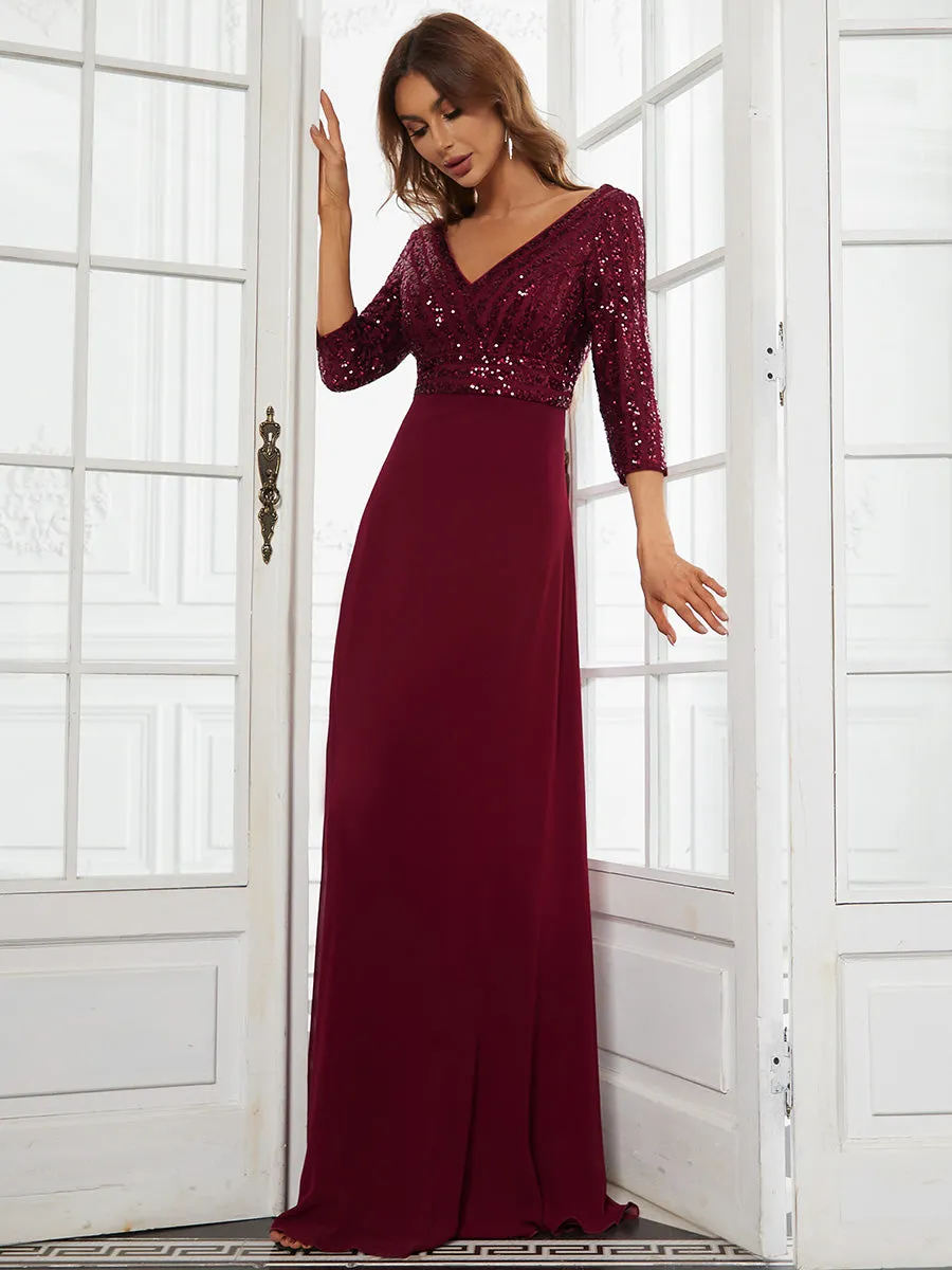 V Neck Long Formal Dress with Sequins - Red