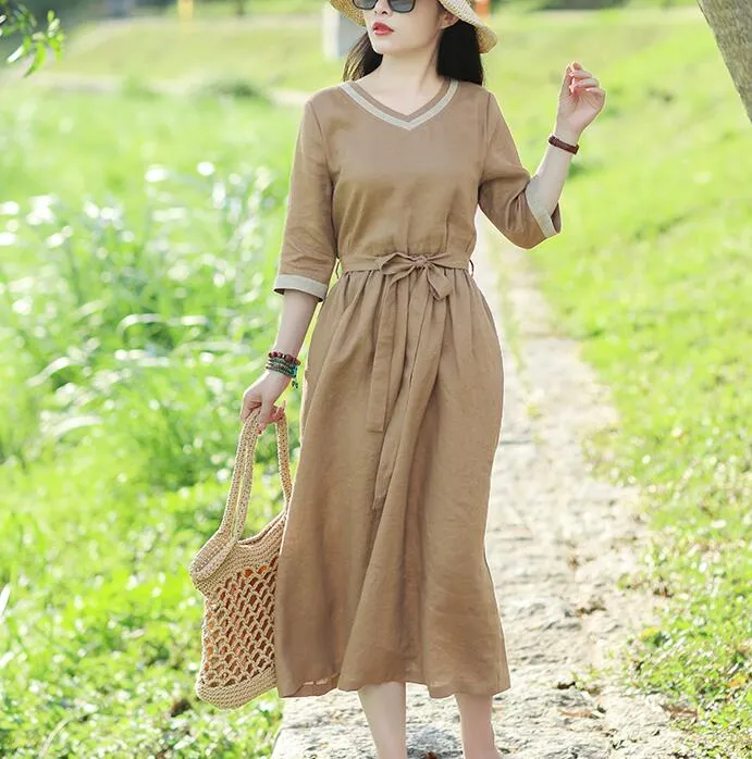 V Neck Women Dresses Casual Summer Linen Women Dresses SSM97215