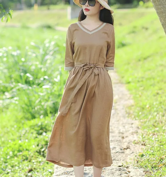 V Neck Women Dresses Casual Summer Linen Women Dresses SSM97215