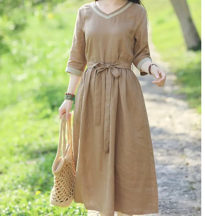 V Neck Women Dresses Casual Summer Linen Women Dresses SSM97215