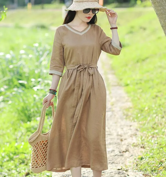 V Neck Women Dresses Casual Summer Linen Women Dresses SSM97215