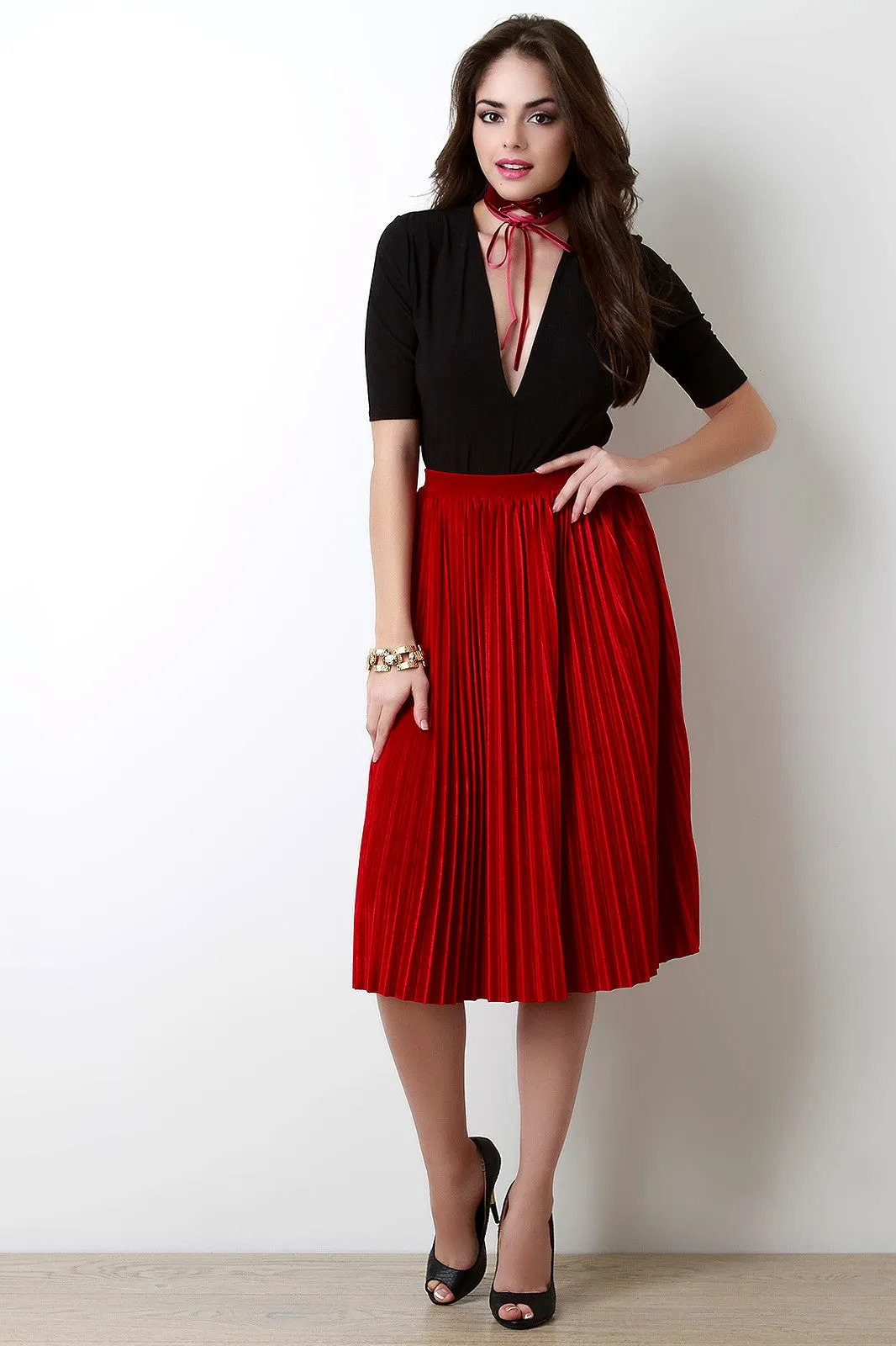 Velvet Accordion Pleat High Waist Skirt