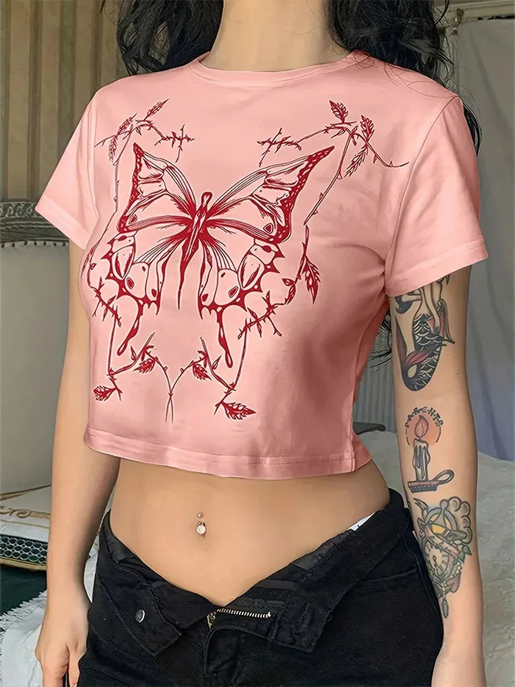 Vintage Butterfly Print Crop Top