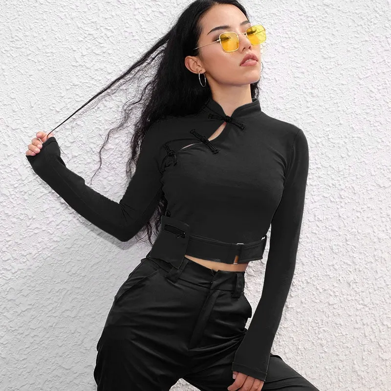 Vintage Sexy Asymmetric Neck Slit Crop Top Korean Long Sleeve