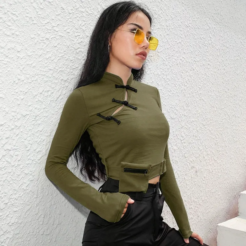 Vintage Sexy Asymmetric Neck Slit Crop Top Korean Long Sleeve