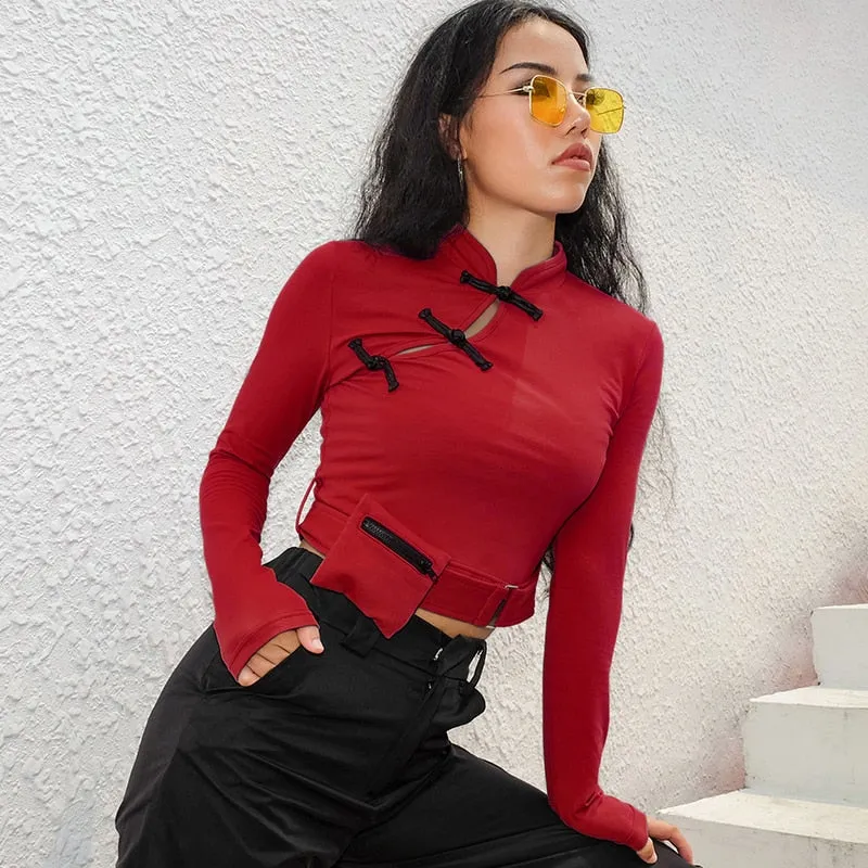 Vintage Sexy Asymmetric Neck Slit Crop Top Korean Long Sleeve