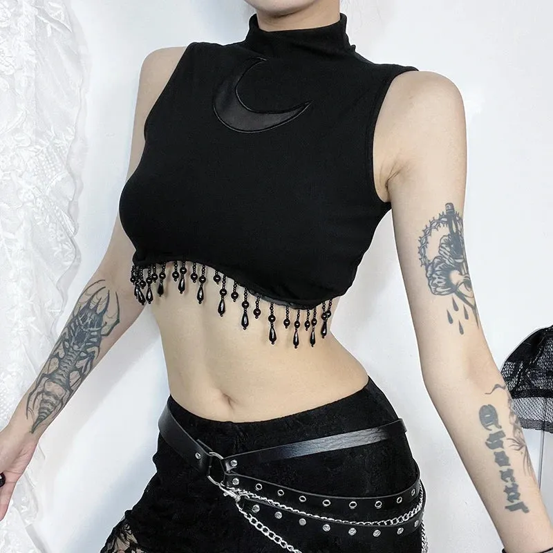 Vintage Sleeveless Through Sexy See Moon Crop Goth Lace Top