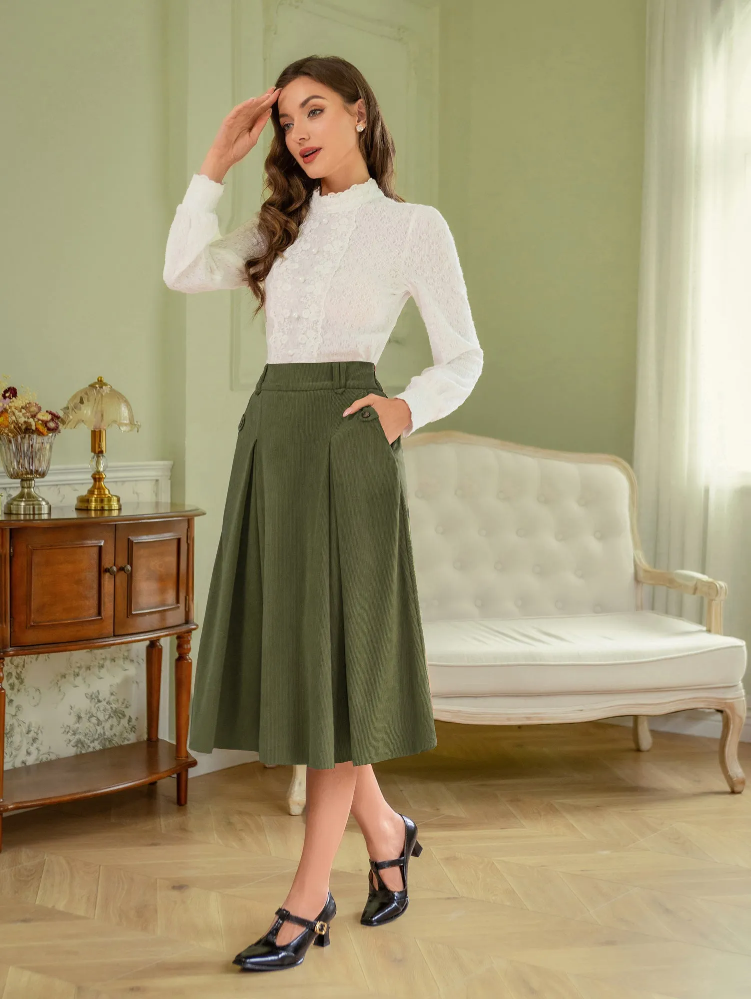 Vintage Swing Skirt Elastic Waist Flared A-Line Mid-Calf Skirt