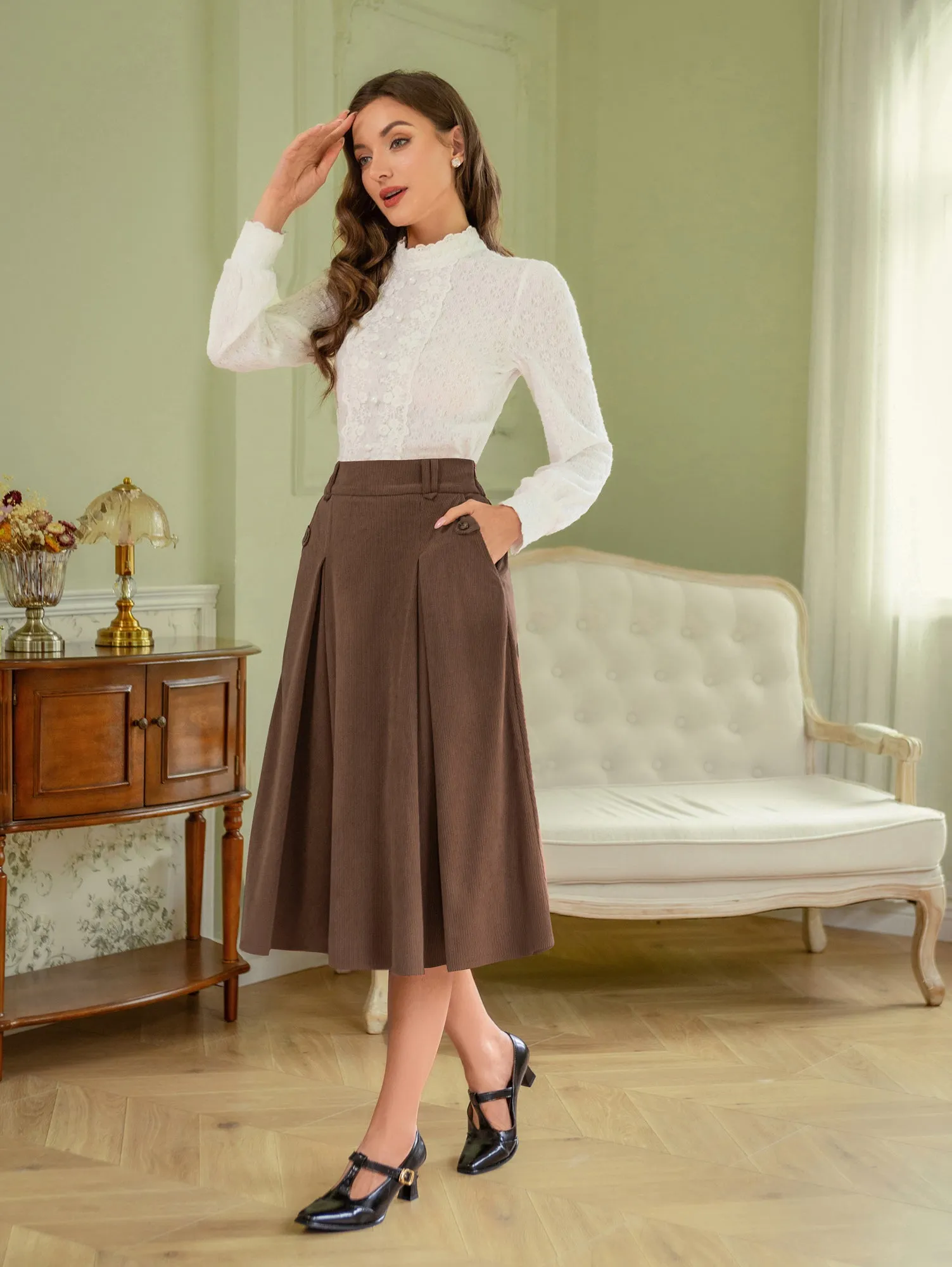 Vintage Swing Skirt Elastic Waist Flared A-Line Mid-Calf Skirt