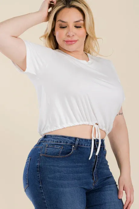 Voluptuous ( ) Plus Size Tie Front Drawstring Short Sleeve Crop Top - Ships from The USA