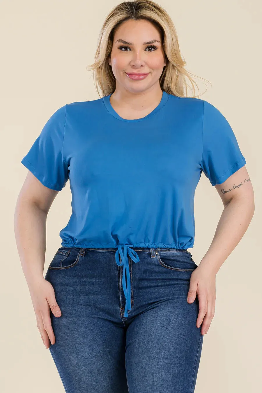 Voluptuous ( ) Plus Size Tie Front Drawstring Short Sleeve Crop Top - Ships from The USA