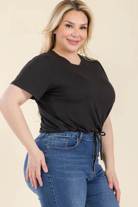 Voluptuous ( ) Plus Size Tie Front Drawstring Short Sleeve Crop Top - Ships from The USA