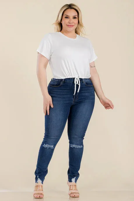 Voluptuous ( ) Plus Size Tie Front Drawstring Short Sleeve Crop Top - Ships from The USA