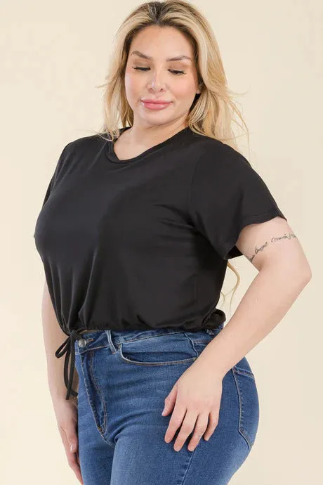 Voluptuous ( ) Plus Size Tie Front Drawstring Short Sleeve Crop Top - Ships from The USA