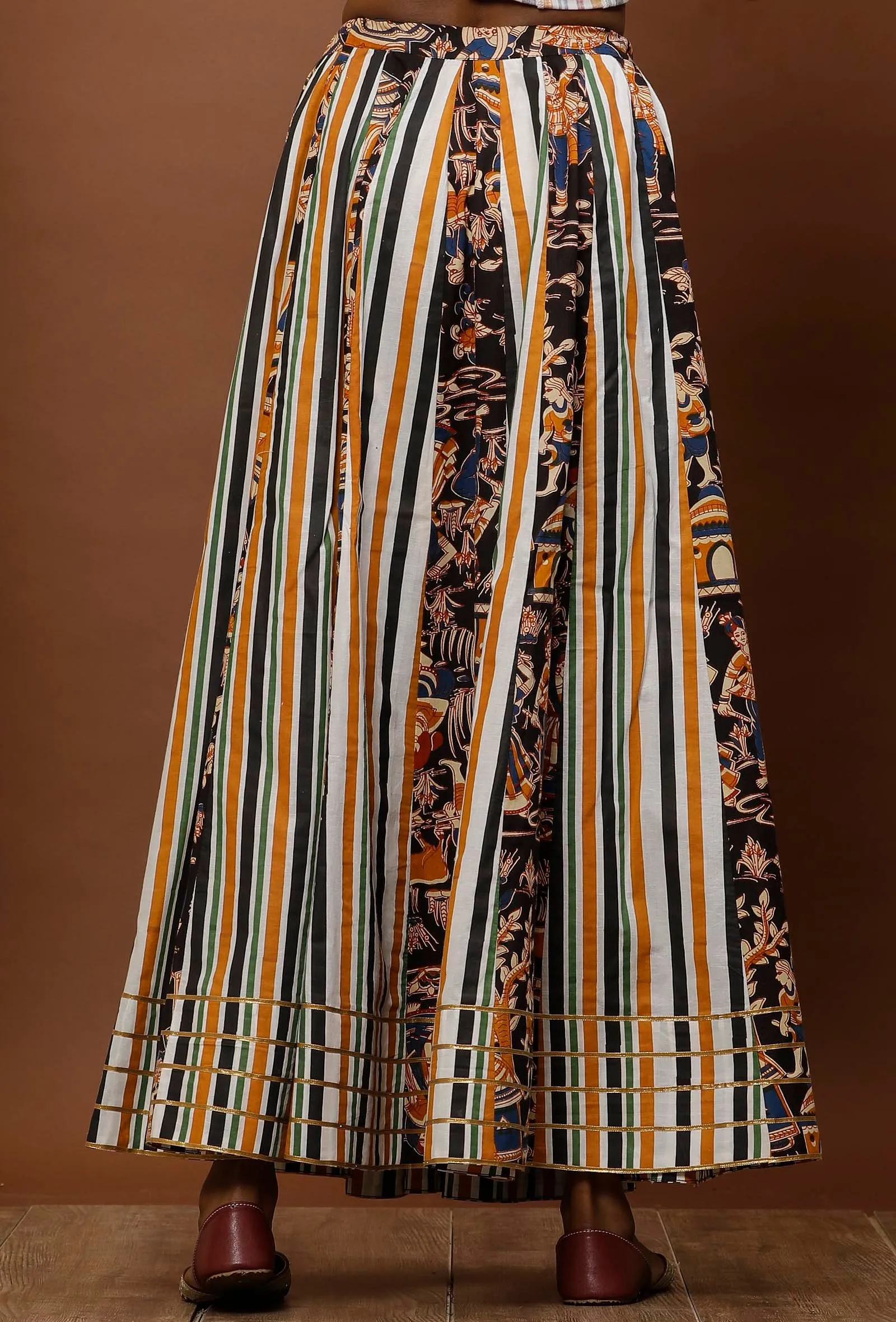 White Striped & Black Kalamkari Flared Cotton Skirt