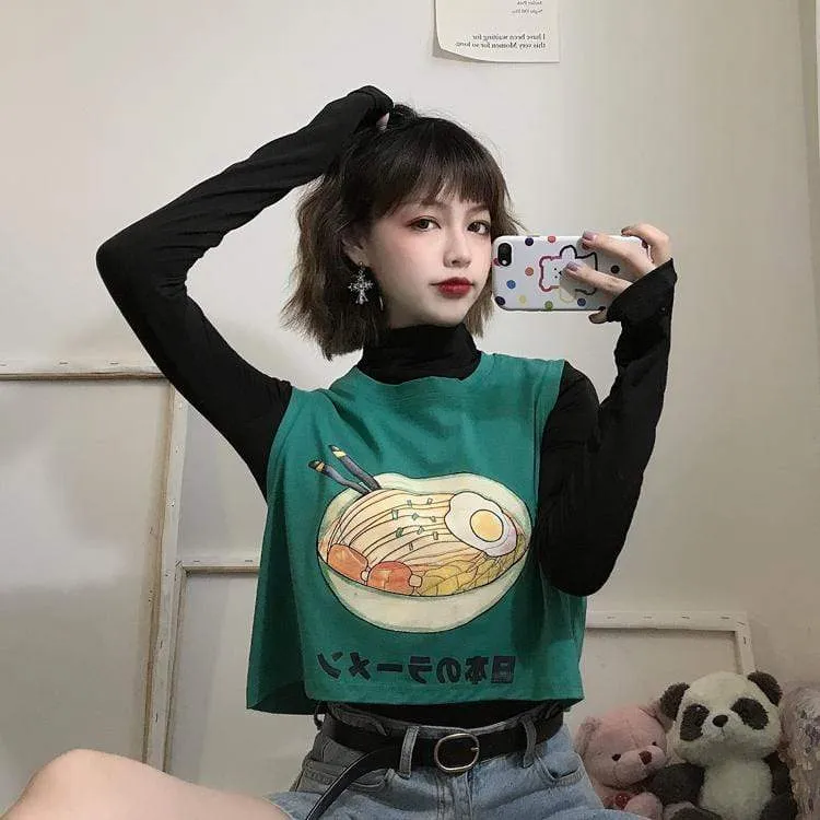 Women's Cute Cartoon Printed Round Collar Crop Tops