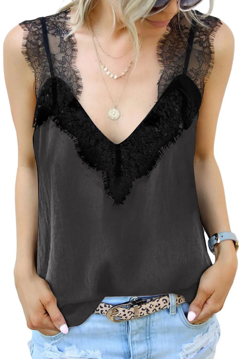 Women's V Neck Sleeveless Lace Trim Camisole Sleeveless Tank Top