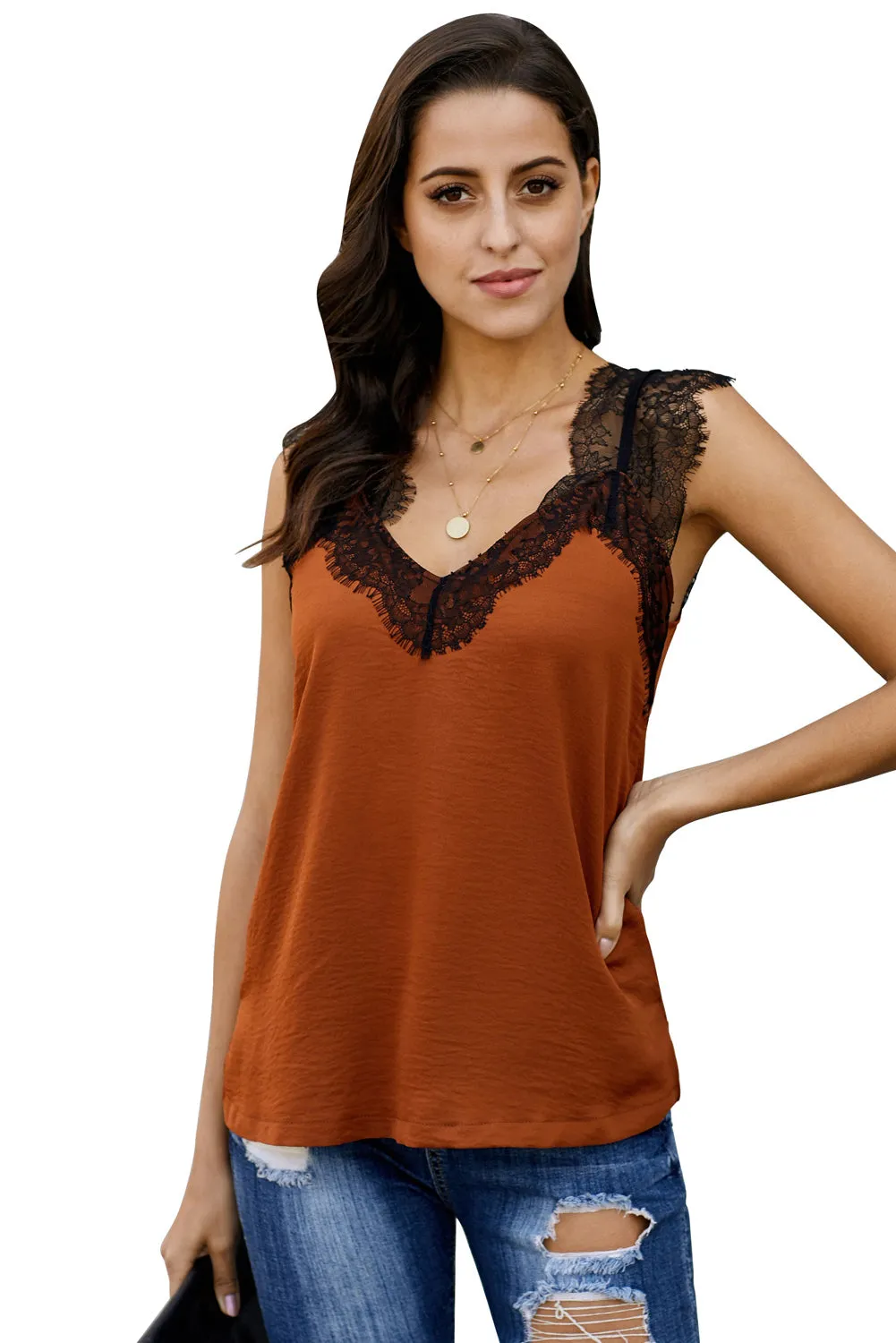 Women's V Neck Sleeveless Lace Trim Camisole Sleeveless Tank Top