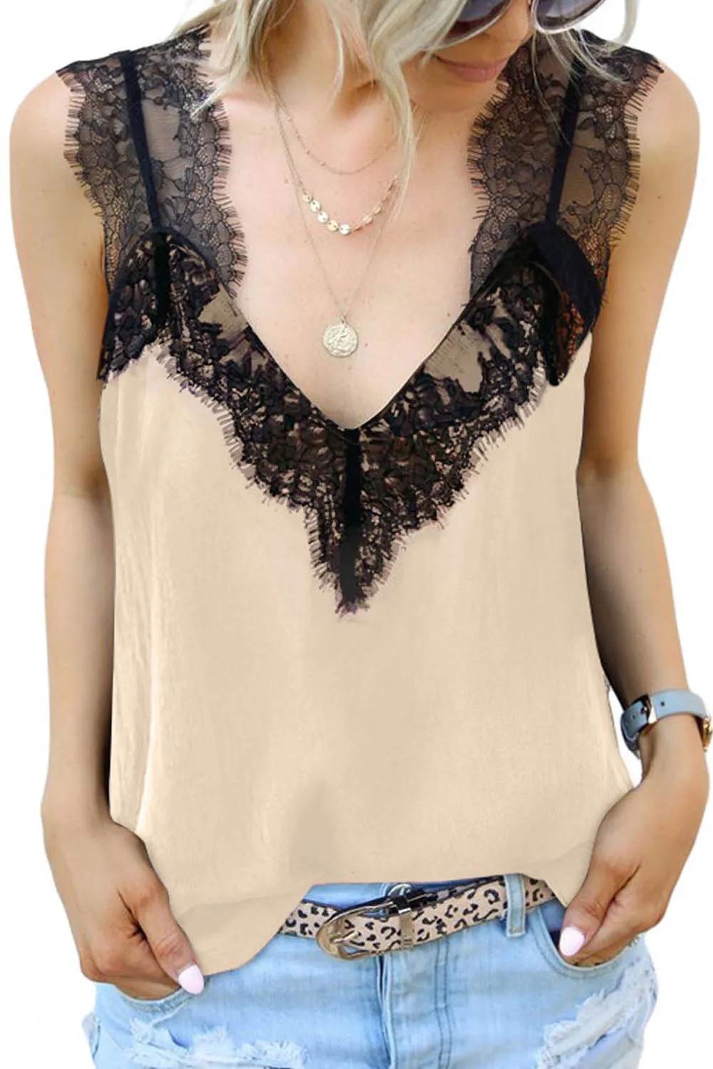 Women's V Neck Sleeveless Lace Trim Camisole Sleeveless Tank Top