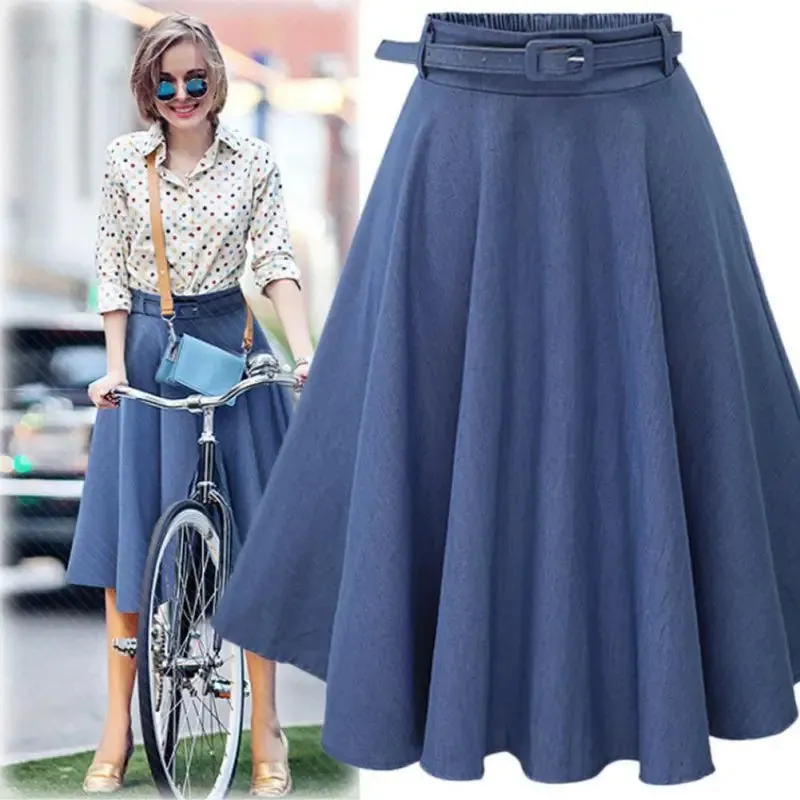 Women's Vintage High Waist A-Line Flared Midi Skirts with Belts