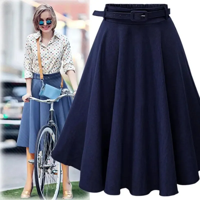 Women's Vintage High Waist A-Line Flared Midi Skirts with Belts