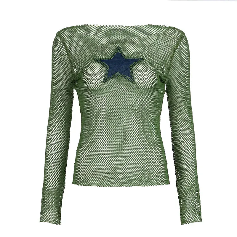 Y2k Tops Star Patchwork Hollow Fishnet Mesh T Shirts Long Sleeve Sexy Green Tops for Woman Autumn 2024 P67-BG10