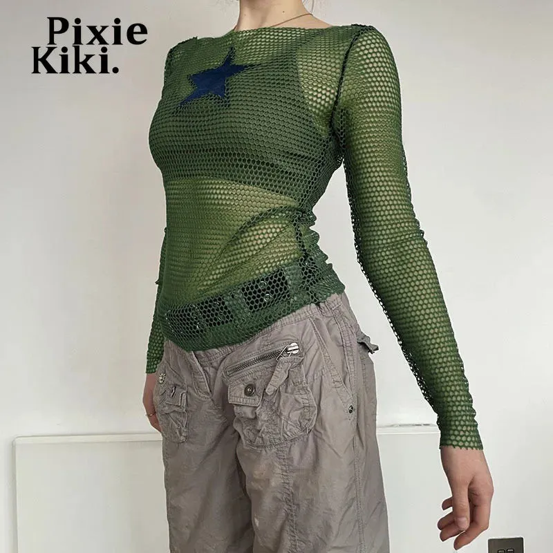 Y2k Tops Star Patchwork Hollow Fishnet Mesh T Shirts Long Sleeve Sexy Green Tops for Woman Autumn 2024 P67-BG10