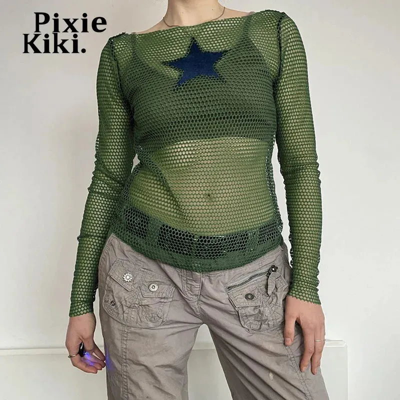 Y2k Tops Star Patchwork Hollow Fishnet Mesh T Shirts Long Sleeve Sexy Green Tops for Woman Autumn 2024 P67-BG10