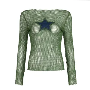 Y2k Tops Star Patchwork Hollow Fishnet Mesh T Shirts Long Sleeve Sexy Green Tops for Woman Autumn 2024 P67-BG10